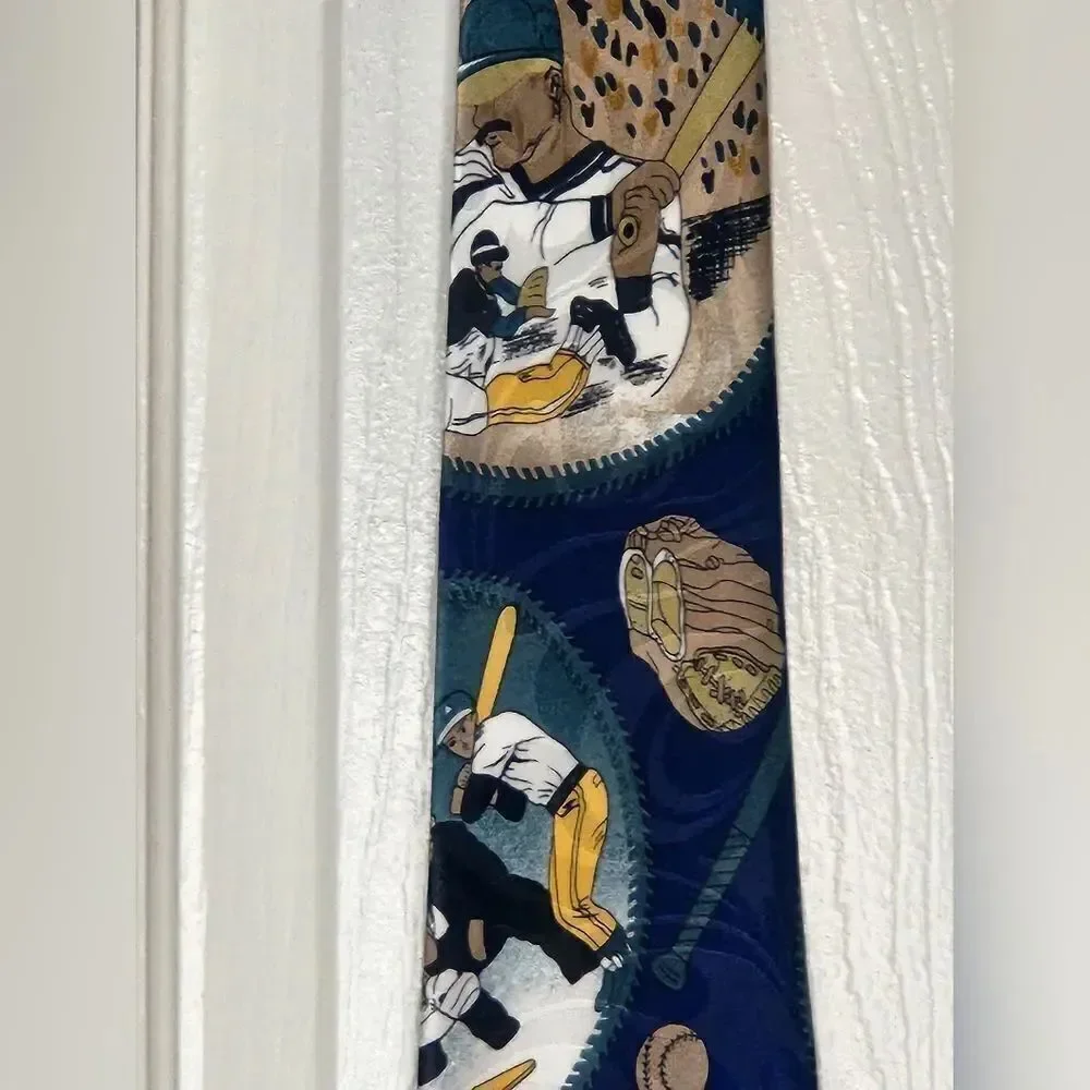 Paris Moderns Paris Design Baseball Print Navy Blue Mlticlrd 100% SILK Neck Tie